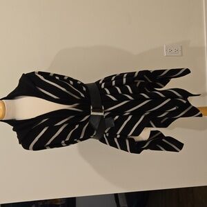 Black and White Striped Poncho with Belt